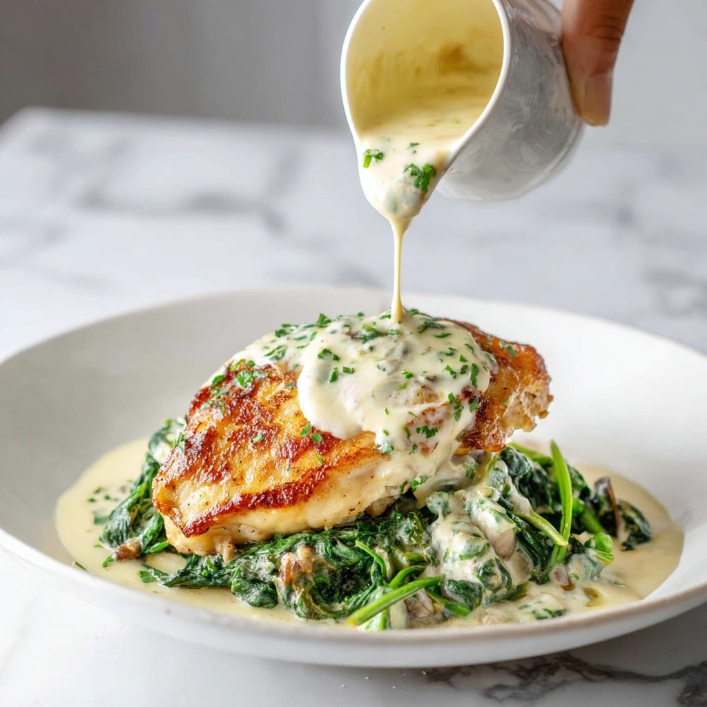 The image shows three golden-brown cooked chicken breasts placed evenly in a creamy sauce inside a light-colored cooking pan. Around the chicken, there are dark green spinach leaves and thin strips of red sun-dried tomatoes mixed into the sauce. The sauce has a smooth, light beige color with some visible herbs and pepper specks. The pan sits on a white marbled surface. photo taken with an iphone --ar 4:5 --v 7