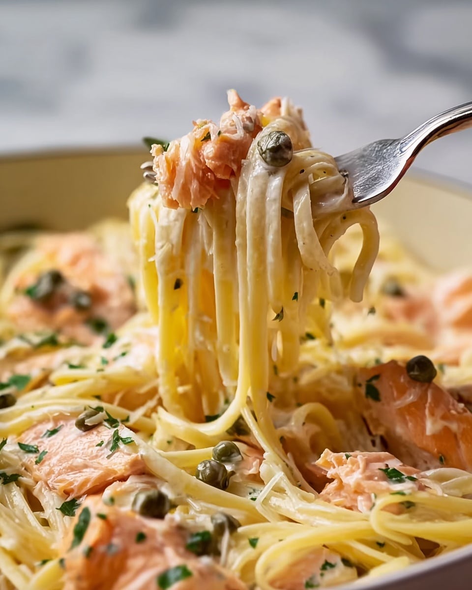 A white rectangular dish filled with creamy fettuccine pasta layered with chunks of pink salmon scattered evenly throughout. The noodles are coated in a thick, pale yellow cream sauce, giving the dish a smooth texture. Small green capers are dotted across the top, adding contrast with their round shapes. Bright green parsley leaves are sprinkled over the whole dish, adding freshness and color. The dish is placed on a white marbled surface with a few parsley leaves visible in the background. photo taken with an iphone --ar 4:5 --v 7