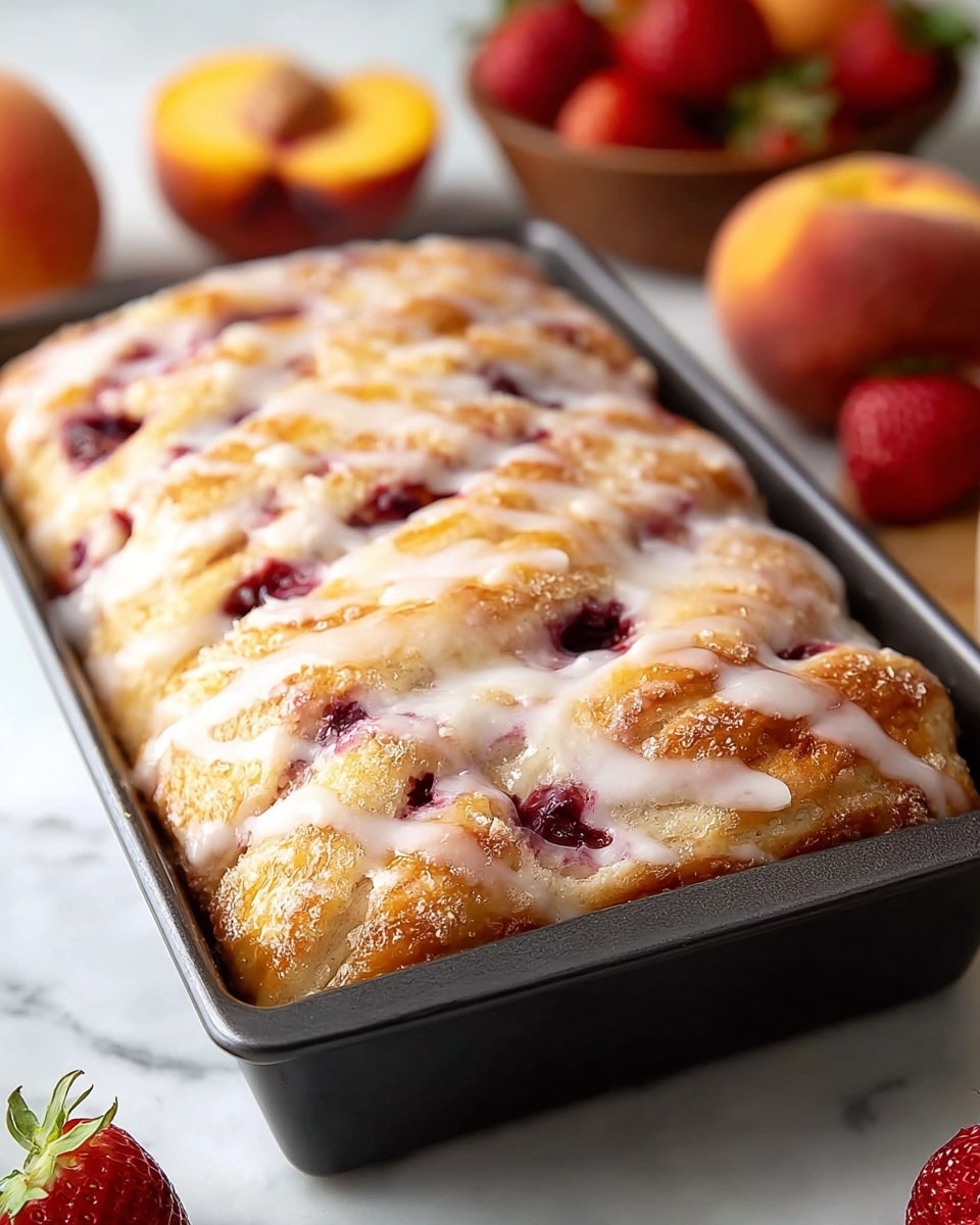 A golden baked pastry in a dark rectangular pan, showing one main layer with a slightly puffy texture, dotted with deep red berry spots and topped with a shiny, white glaze drizzled unevenly across its surface. The pastry's crust has a soft, bumpy look with light browning on top, resting on a white marbled textured surface. In the blurred background are whole peaches and strawberries, adding warm red and orange tones to the scene. Photo taken with an iphone --ar 4:5 --v 7