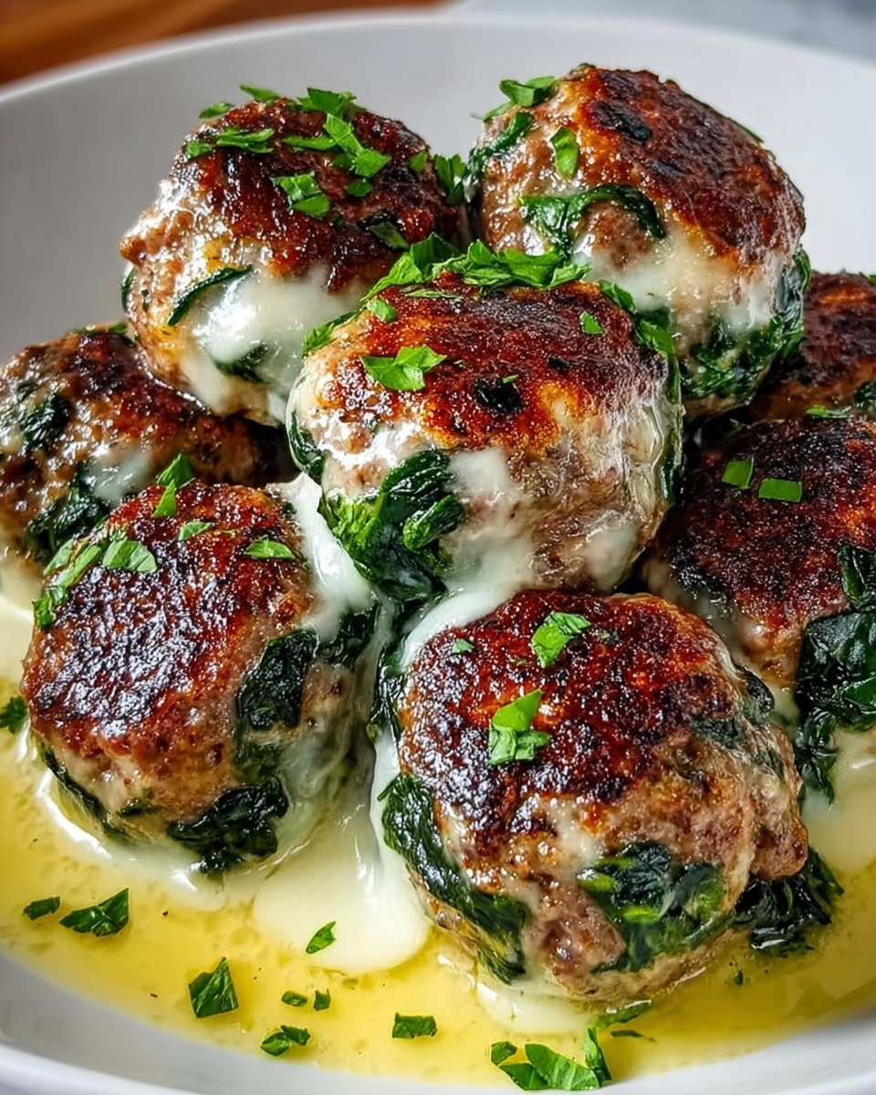 The image shows four round meatballs on a white plate placed on a white marbled surface. One meatball is cut open, revealing a soft, melting white cheese layer mixed with green spinach inside. The outer layer is a crispy, brown, textured crust. Some sauce with a golden-brown color surrounds the meatballs, adding shine and moisture to the dish. Photo taken with an iphone --ar 4:5 --v 7