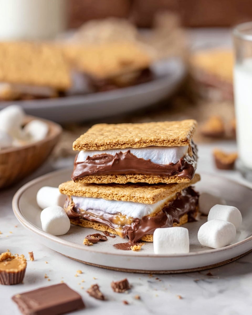 The image shows two s'mores on a white plate with two graham cracker layers on top and bottom, golden brown and textured with small grains. Inside each s'more, there is a white, soft marshmallow layer with a smooth, melted milk chocolate layer above it. Around the plate are small marshmallows and mini peanut butter cups scattered on a white marbled surface. The background is softly blurred, showing more s'mores and a glass of milk. Photo taken with an iphone --ar 4:5 --v 7