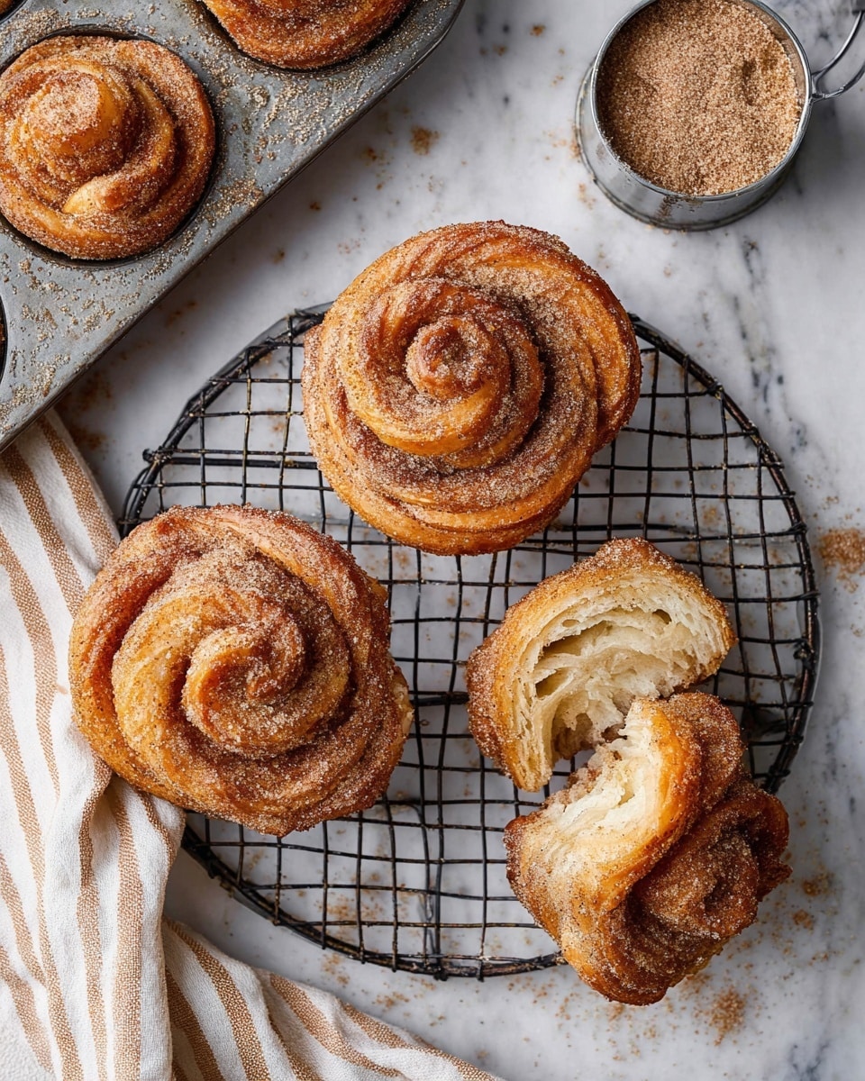 The image shows four cinnamon sugar pastries shaped like thick spirals with many layers, each layer a golden-brown color with a dusting of sugar and cinnamon giving a slightly grainy texture. Three pastries are whole, showing their round, coiled tops, while one is broken open, displaying soft, light, and fluffy inner layers, slightly off-white with cinnamon specks inside. They rest on a dark cooling rack placed over a white marbled surface. In the top left corner, part of a muffin tin with similar pastries is visible, and a small metal container filled with cinnamon sugar stands in the top right. A striped beige and white cloth lies on the left side. Photo taken with an iphone --ar 4:5 --v 7
