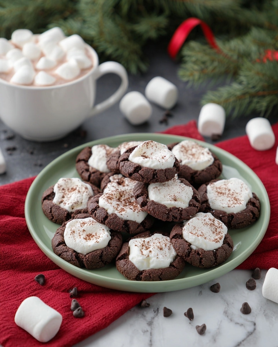 A close-up of a small chocolate cookie being pulled apart by two woman's hands, revealing a gooey marshmallow center with bits of melted chocolate mixed in. The cookie is dark brown with a slightly rough texture, while the marshmallow inside is bright white and soft, stretching between the two halves. In the background, there are more cookies with the same marshmallow center arranged loosely on a white marbled surface, along with a wooden spoon filled with chopped chocolate pieces. The photo shows the contrast of the dark cookie and the white marshmallow clearly. photo taken with an iphone --ar 4:5 --v 7