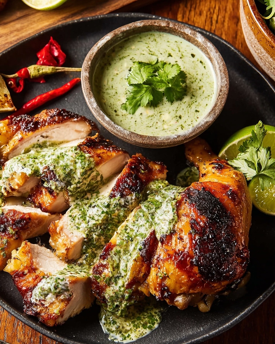 A black plate filled with several pieces of grilled chicken arranged in a circular pattern, with the upper half of the chicken breast sliced into thick pieces showing light golden and juicy inside, while the bottom chicken parts have a darker, richly glazed crispy skin. A small green bowl with a pale green creamy sauce sits on the plate, topped with fresh cilantro leaves. Around the plate are garnishes including a squeezed lime half, a garlic clove, and green herbs, all set on a white marbled surface. photo taken with an iphone --ar 4:5 --v 7