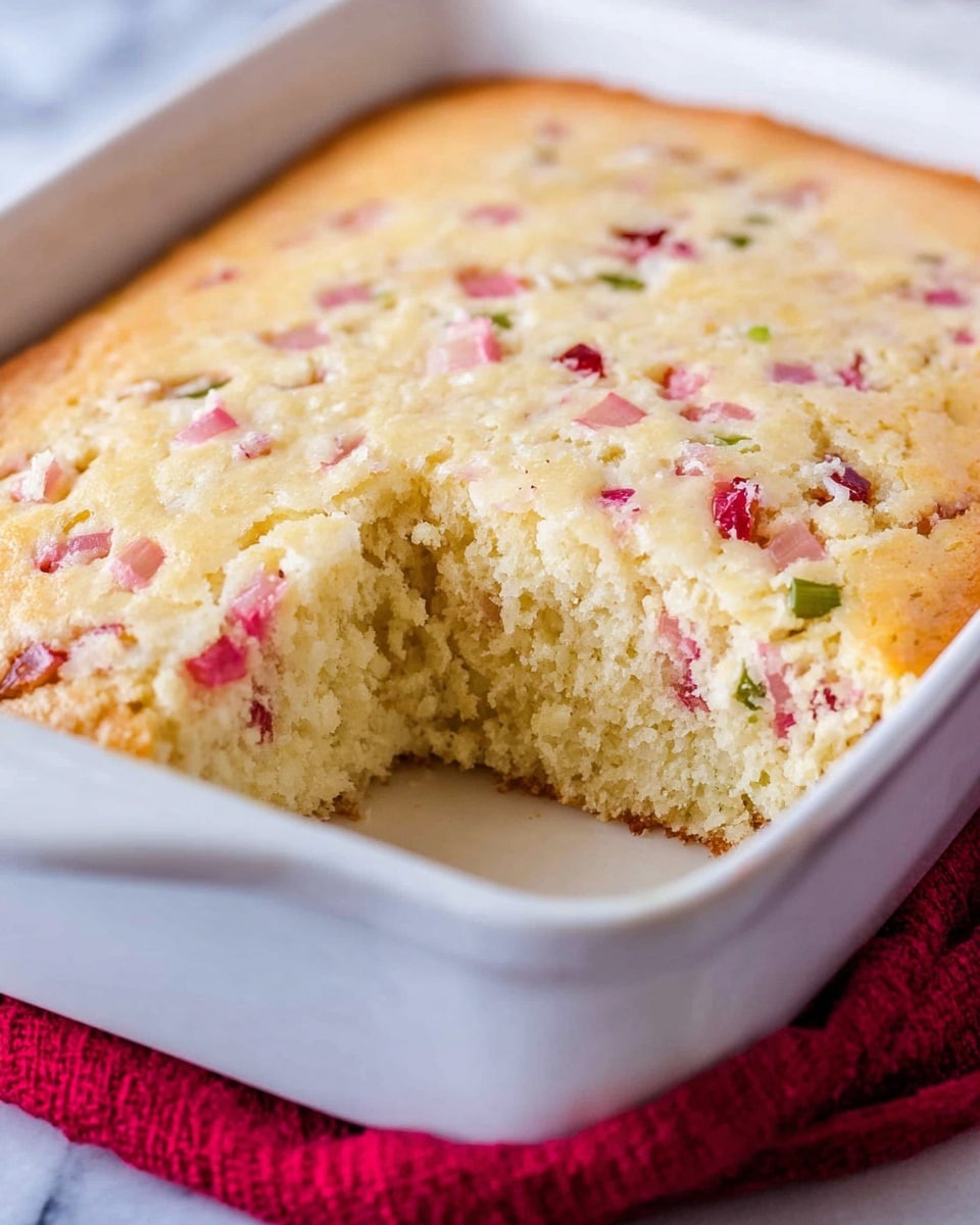 A close-up view of a thick square cake in a white ceramic baking dish, with one large piece cut out from the corner showing the soft, airy texture inside. The cake has two visible layers: the base layer is light and fluffy with small bits of what looks like fruit or rhubarb mixed inside, appearing pink and green throughout the creamy, pale yellow cake. The top layer is slightly golden with more visible pink and green pieces scattered evenly across the surface. The baking dish sits on a white marbled surface with a red cloth partially underneath. Photo taken with an iphone --ar 4:5 --v 7