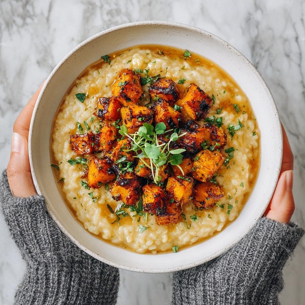 A white bowl filled with creamy risotto that has a soft, pale beige color and creamy texture as the base layer. On top, there are bright orange roasted butternut squash cubes scattered widely, some slightly browned at the edges. Thin strips of light tan pine nuts are sprinkled throughout, adding small touches on the risotto. Fresh green sage leaves sit on the top, adding contrast with their smooth, pointed shapes. There are also fine shreds of light yellow Parmesan cheese scattered lightly over all the layers. The bowl is held by two visible woman's hands wearing gray, ribbed knit sleeves, all set against a white marbled surface background. photo taken with an iphone --ar 4:5 --v 7