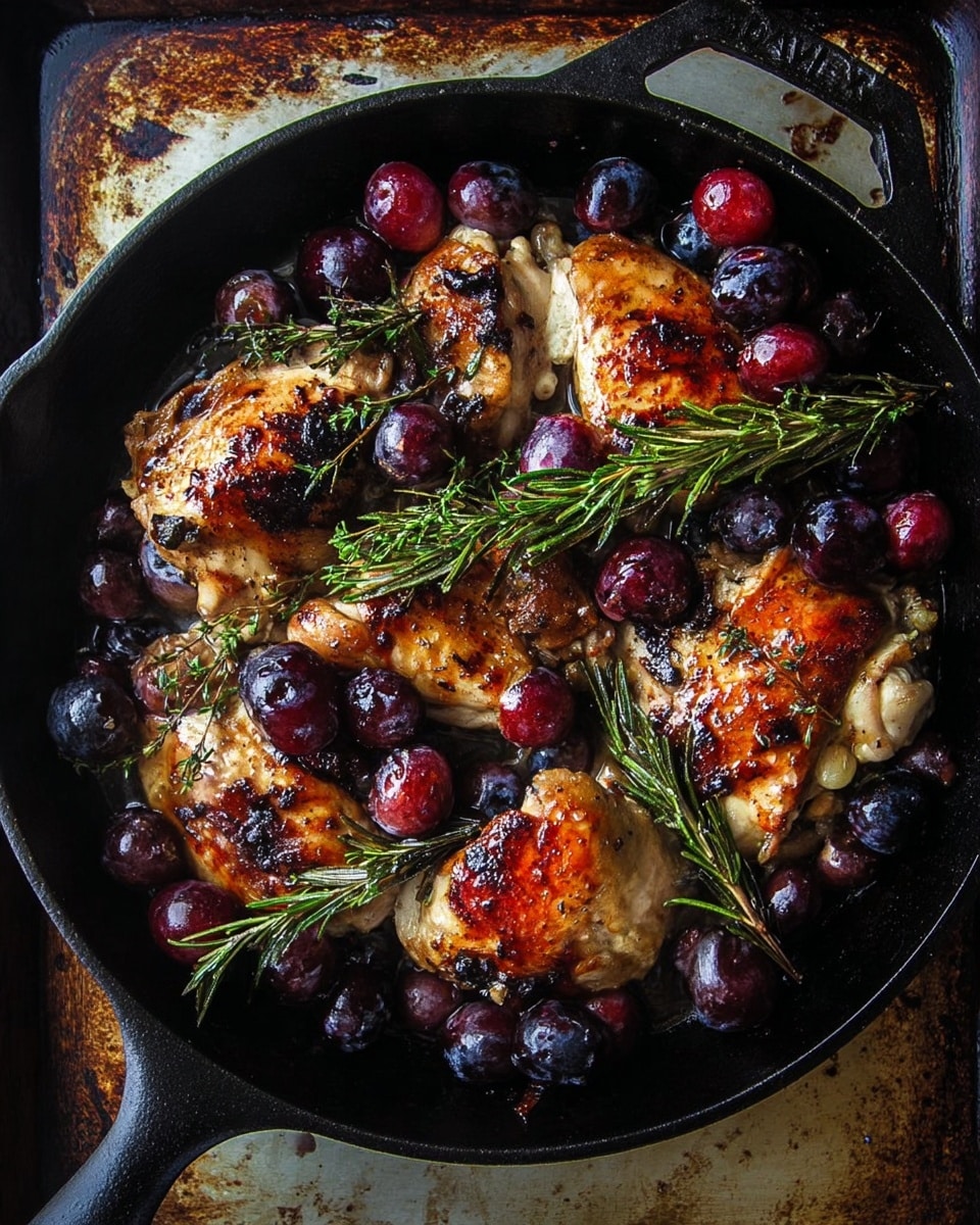 A white plate with a gold rim holds two browned chicken pieces topped with a glossy dark red cherry sauce containing halved cherries and small bits of herbs, with a few green leaves placed on top as garnish. Beside the chicken, there are two dollops of creamy white cheese sprinkled lightly with black pepper. A silver fork rests on the plate’s right side near the bottom, partially on a blue textured cloth. In the background, another similar white plate with chicken and cherry sauce is slightly blurred, all set on a white marbled surface with a clear glass of water nearby. photo taken with an iphone --ar 4:5 --v 7