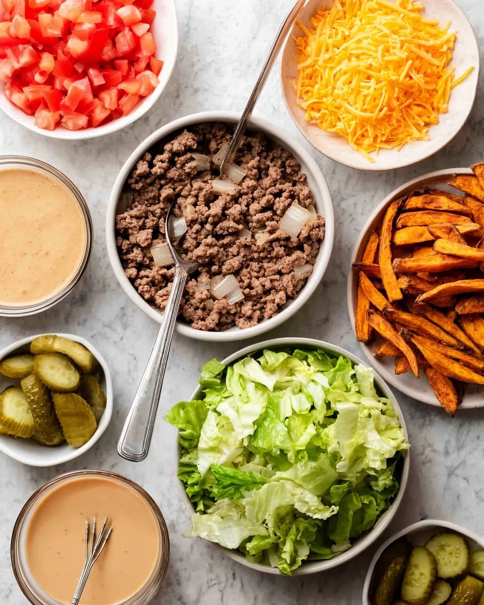 A white bowl filled with a fresh layered salad sits on a white marbled texture. The bottom layer is bright green lettuce leaves, topped with sliced cherry tomatoes showing their red juicy interiors. On one side, there is a scoop of green guacamole with a rough texture. Next to it are slices of light green pickles with some herbs sprinkled on top. Ground beef pieces in brown sit in the center, covered with a light pink creamy dressing drizzled on top. On the opposite side, crispy golden-brown bacon strips rest on top of lightly sautéed white onion rings with a bit of char. Photo taken with an iphone --ar 4:5 --v 7