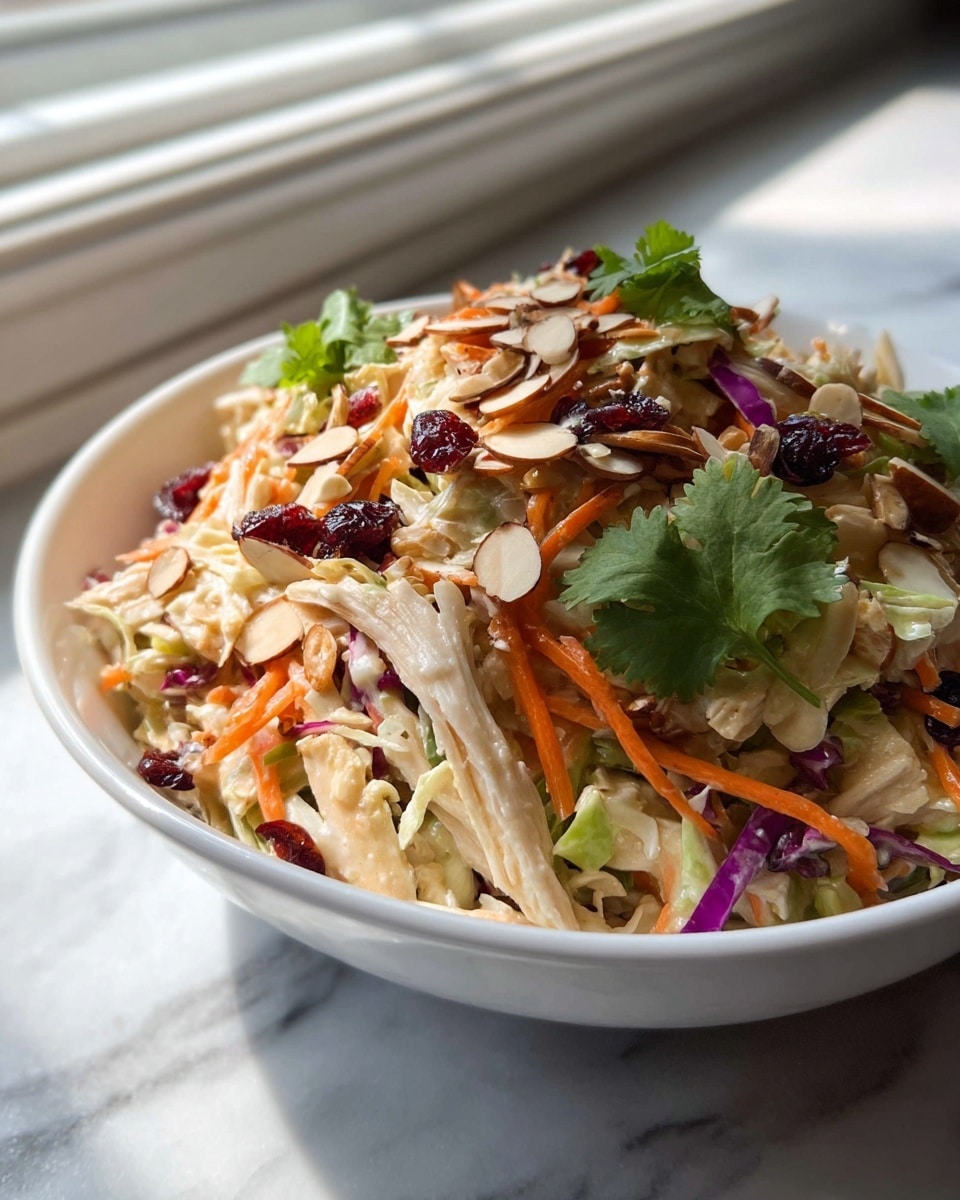 A white bowl filled with a vibrant salad featuring three main layers: the bottom layer is made of mixed light green and white lettuce leaves, shredded into medium pieces; the middle layer has thin, orange carrot strips scattered throughout; the top layer displays shredded cooked chicken in light brown shades, dark red dried cranberries, sliced light beige almonds, and fresh green cilantro leaves spread evenly over the salad. The salad looks fresh and colorful, placed on a white marbled surface. Photo taken with an iphone --ar 4:5 --v 7