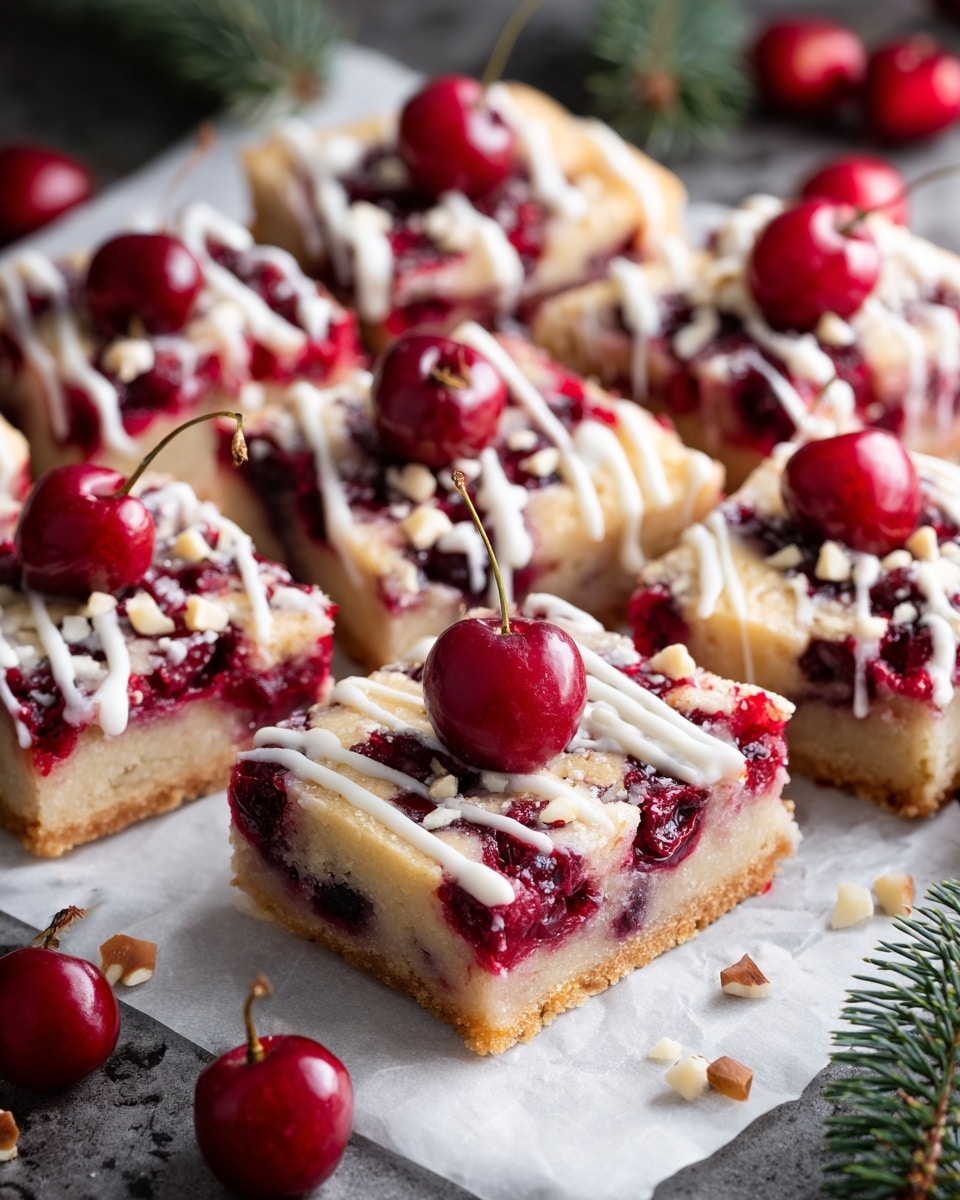 A stack of four cherry dessert bars is shown on a white marbled surface with parchment paper underneath. Each bar has three visible layers: a golden brown crust at the bottom, a thick dark red cherry filling with whole cherries in the middle, and a light golden crumbly top layer. Several fresh, shiny red cherries with stems are placed on top and around the stacked bars, adding a fresh and vibrant touch. The background is softly blurred with more cherries visible, making the bars the main focus. Photo taken with an iphone --ar 4:5 --v 7