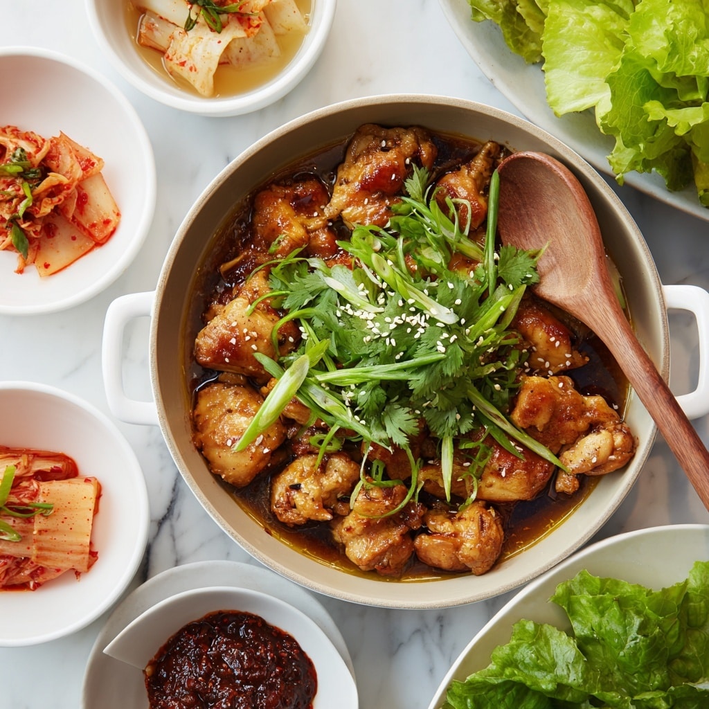 A white oval dish filled with cooked pieces of browned meat layered close together, topped with thin slices of bright green onions and sprinkled with white sesame seeds. Surrounding the main dish are small white bowls containing different side items: to the left, a bowl of kimchi with orange and red colors, above it a bowl of napa cabbage kimchi with red spices, above right a pale pinkish bowl with light vegetable pieces in a clear broth, and to the right, a small white bowl with chunky dark red spicy sauce. In the bottom right corner, there is a white plate with fresh bright green lettuce leaves. All is placed on a white marbled surface. Photo taken with an iphone --ar 4:5 --v 7