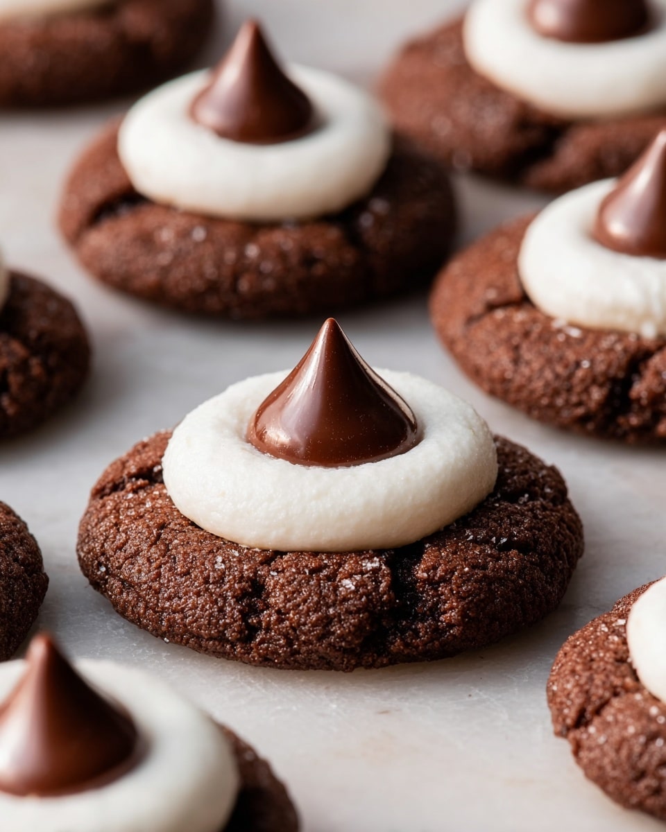 The image shows soft, round chocolate cookies with sugar crystals visible on the surface, each topped with a smooth white marshmallow layer that fills the center. At the very top, there is a shiny, milk chocolate kiss sitting right in the middle of the marshmallow. One cookie is broken in half and held above a whole cookie, revealing a creamy, caramel-filled center inside the chocolate kiss. Several unwrapped milk chocolate kisses are scattered around the cookies on a white marbled surface. photo taken with an iphone --ar 4:5 --v 7