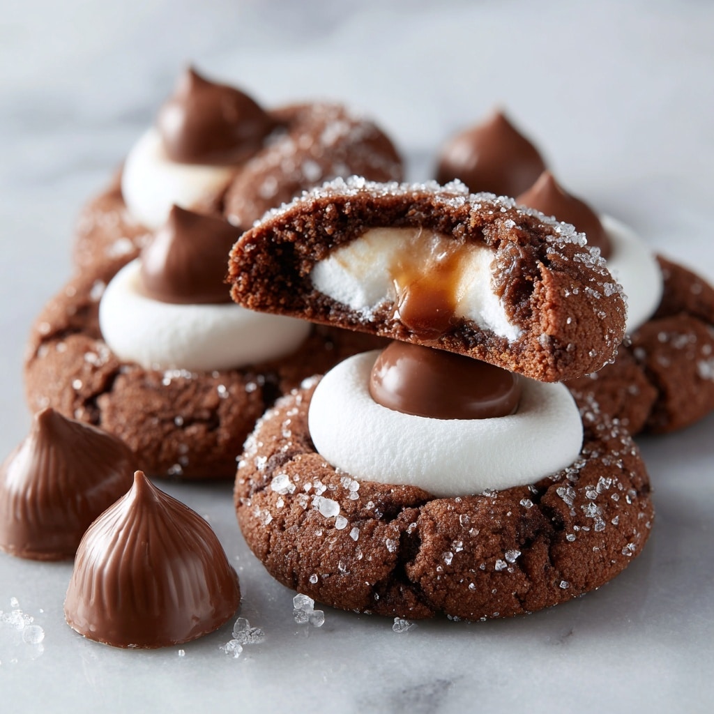 The image shows close-up dark brown chocolate cookies with a rough texture on the edges, each topped with a white creamy ring that looks soft and smooth, and in the center of the cream ring is a shiny, pointed chocolate drop, giving a layered look with three clear parts: cookie base, white cream middle, and chocolate point top. The cookies are arranged on a white marbled surface. Photo taken with an iphone --ar 4:5 --v 7