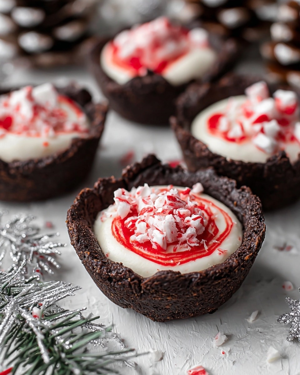 The image shows small tartlets with thick, dark chocolate crusts forming deep cups as the base layer. Inside each tart, there is a creamy white filling layered with swirls of bright red, creating a marbled effect on the smooth cream top. The cream is topped with small pieces of crushed red candy, adding texture and color contrast. One tartlet at the front has a bite taken out, showing the thick crust and creamy inside clearly. The tartlets are placed on a white wooden surface with pine cones and red Christmas gnome decorations in the blurred background, which adds a festive feel to the scene. Photo taken with an iphone --ar 4:5 --v 7