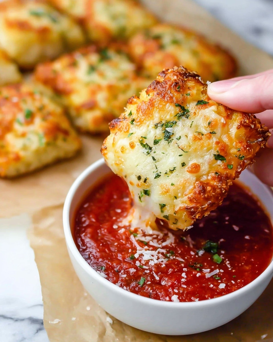 A cheesy garlic bread cut into square pieces on a wooden board lined with parchment paper. The bread has a golden brown melted cheese layer on top with small browned spots, sprinkled with chopped green parsley. Next to the board is a small white bowl of bright red marinara sauce topped with shredded white cheese and a few green herb leaves, placed on a white marbled surface. The bread looks soft inside with strands of melted cheese stretching between pieces. Photo taken with an iphone --ar 4:5 --v 7