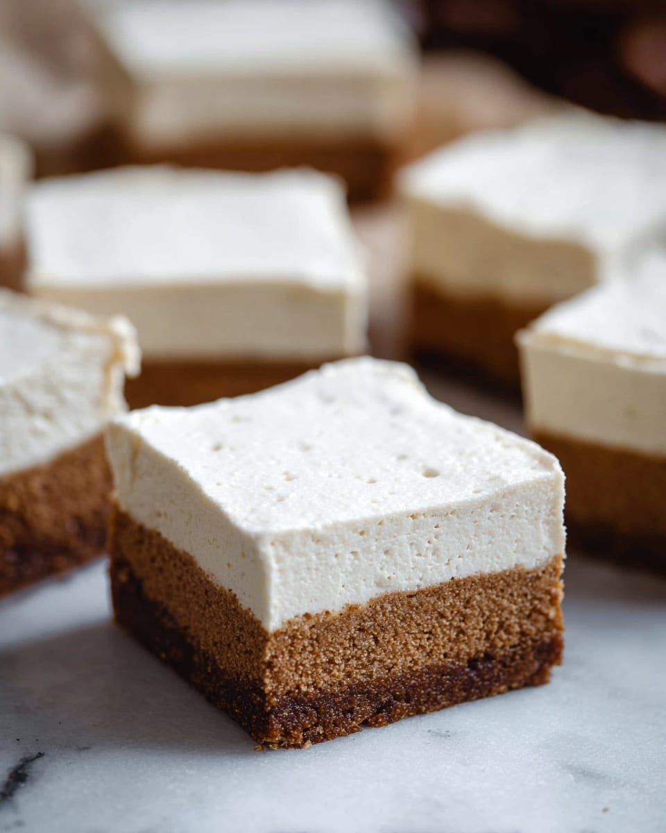 The image shows several square dessert slices with two distinct layers. The bottom layer is thick, dense, and brown, resembling a moist cake or cookie base, with a textured surface that looks slightly crumbly. The top layer is a thick, smooth, and creamy white frosting or mousse-like topping with a few small air bubbles, indicating lightness. The dessert squares are arranged on a white marbled surface in soft focus, and one piece is centered in the foreground while others are blurred in the background, highlighting the texture and thickness of each layer. Photo taken with an iphone --ar 4:5 --v 7