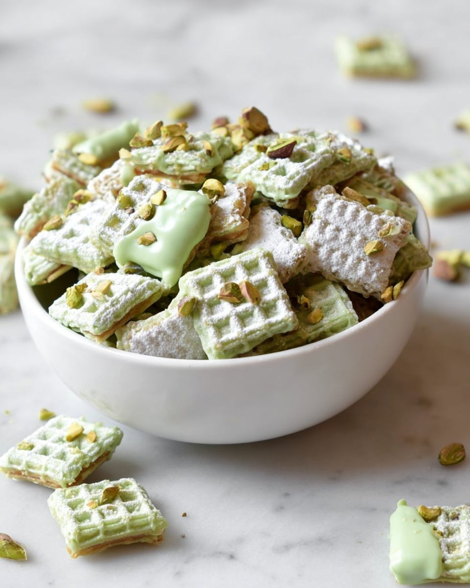 A clear glass bowl filled with many square cereal pieces in light brown and light green colors, some pieces fully coated in a shiny, pale green creamy layer and others partially coated. A wooden spatula with a mix of the pale green cream rests on top of the cereal inside the bowl. The bowl sits on a white marbled surface, creating a clean and bright setting. photo taken with an iphone --ar 4:5 --v 7