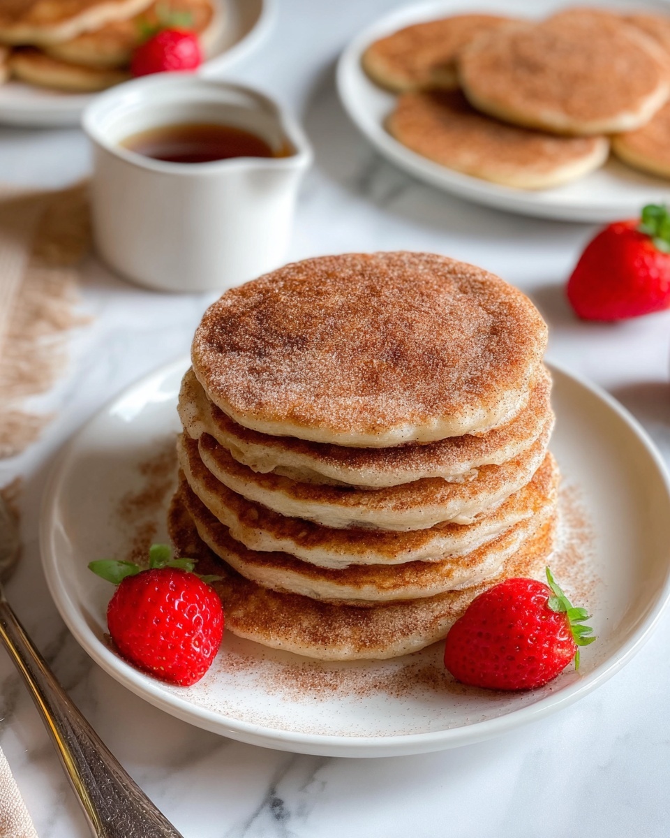 A stack of six thick pancakes with a golden-brown color and a dusting of cinnamon sugar covering each layer sits on a white plate, topped with a square melting pat of butter, with syrup dripping down the sides. To the right of the stack, two churros coated with cinnamon sugar rest on the plate next to a pool of rich, glossy chocolate sauce. Chocolate sauce is being poured from a small silver pitcher onto the plate near the churros, creating a smooth swirl. In the blurred background, a small white bowl with cinnamon sticks is visible, all set on a white marbled surface. photo taken with an iphone --ar 4:5 --v 7