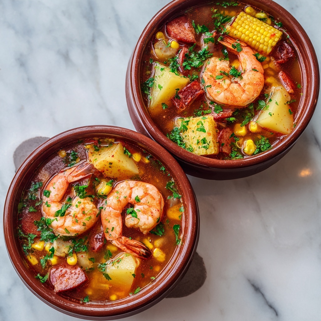 A rustic dark bowl holds a rich orange soup filled with three large pink shrimp placed near the center, surrounded by yellow corn kernels, pieces of white beans, and chunks of potato. Small green slices of scallions and dark brown crispy bacon bits are scattered over the surface, adding texture and color contrast. A tarnished silver spoon rests inside the bowl on the right side. The bowl is set on a soft pink cloth, all placed on a white marbled surface. photo taken with an iphone --ar 4:5 --v 7