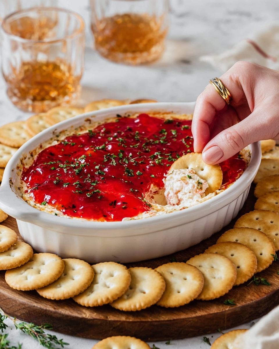 A white oval dish filled with a two-layered dip placed on a wooden round board. The bottom layer is creamy white cheese and the top layer is a bright red jelly-like spread sprinkled with finely chopped green herbs. Around the dish, there are many round pale golden crackers arranged neatly on the wooden board. A woman's hand with a gold ring is dipping one of the crackers into the dish, showing a bit of the white cheesy layer under the red spread. In the background, two clear glasses with a light amber liquid sit on a white marbled surface. Photo taken with an iphone --ar 4:5 --v 7