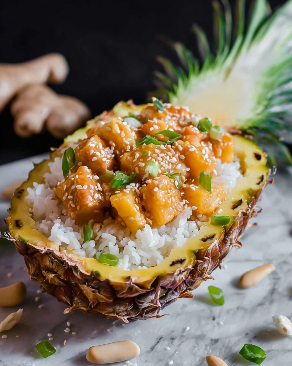 Two halved pineapples serve as bowls, each filled with two layers: the top layer is white rice with a soft, fluffy texture, and the bottom layer is a glossy, brown chicken and pineapple stir-fry mixed with cashews, all sprinkled with white sesame seeds. Surrounding the pineapples are small wood bowls, one filled with more white rice and another with golden sesame seeds, along with a white bowl containing bright yellow pineapple chunks. The setup is on a white marbled surface that adds contrast to the vibrant colors and textures of the dish. Photo taken with an iphone --ar 4:5 --v 7