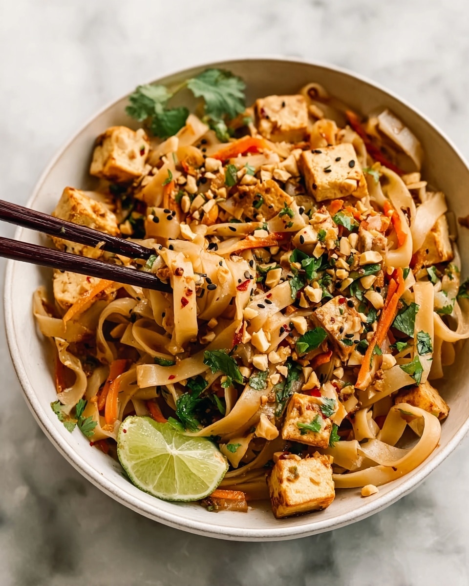 A round white bowl holds a colorful noodle dish with three main layers. The base layer is made of wide, light brown rice noodles twisted in soft folds. Scattered throughout are medium-sized golden cubes of tofu with a slightly crispy texture. Mixed in are thin orange carrot strips and chopped green herbs, giving bright and fresh spots of color. The top is sprinkled with crushed peanuts, red chili flakes, and black sesame seeds, adding texture and contrast. Dark brown wooden chopsticks hold some noodles lifted in the center. A lime wedge is placed on the edge of the bowl on a white marbled surface. photo taken with an iphone --ar 4:5 --v 7