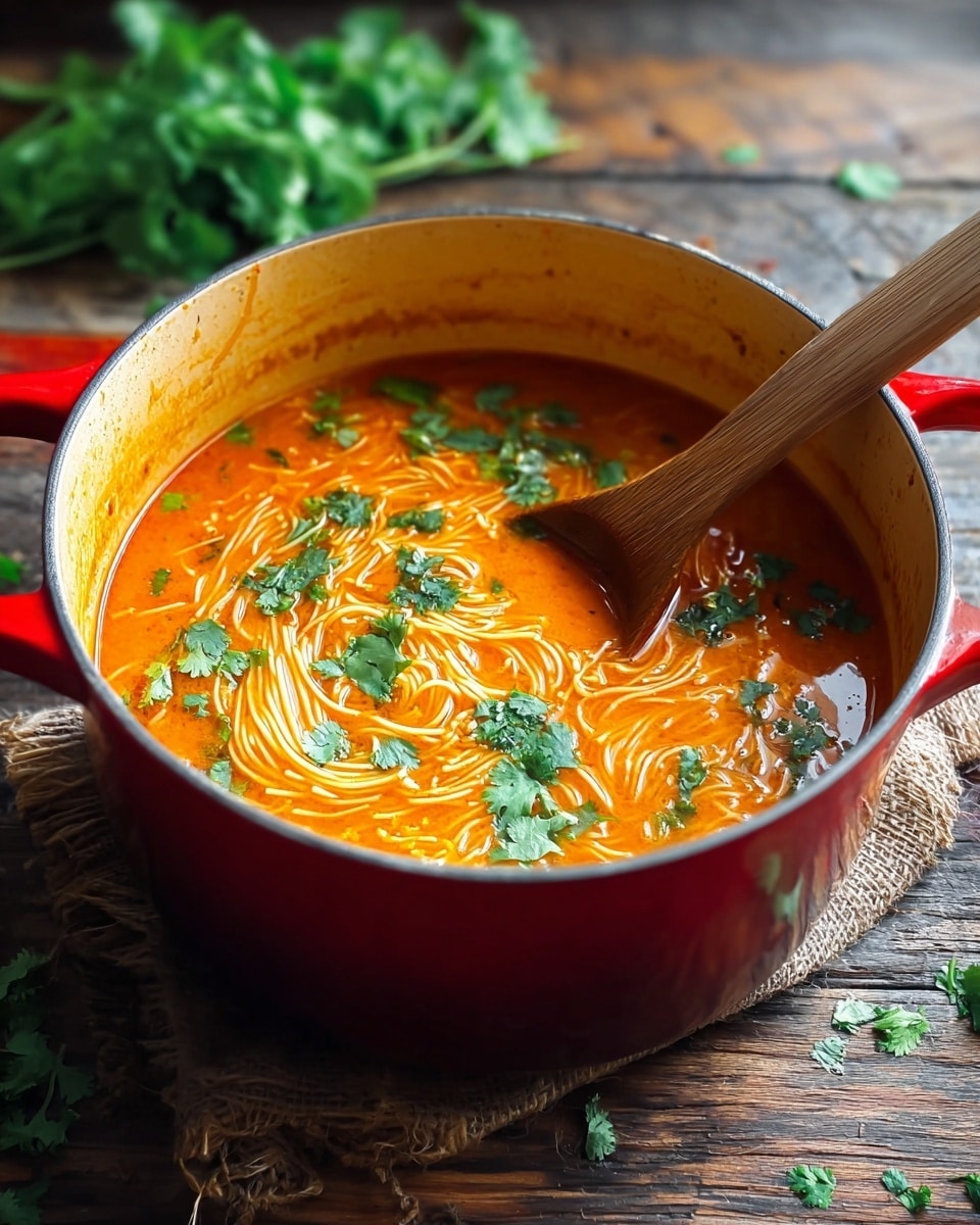 A red pot filled with a bright orange soup with thin noodles swirling inside. The soup has a smooth, slightly oily texture, and fresh green cilantro leaves are scattered on top, adding a splash of color. A wooden spoon rests inside the pot, dipped into the soup. The pot is placed on a rustic wooden surface with some fresh cilantro leaves blurred in the background. Photo taken with an iphone --ar 4:5 --v 7