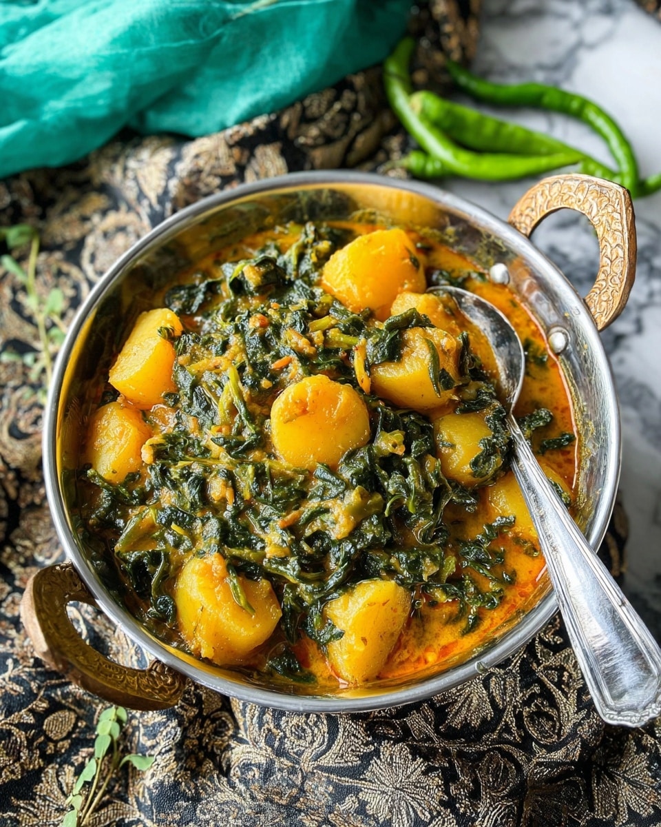 A close-up view of a silver bowl with two handles filled with a spinach and potato curry. The dish has chunks of soft yellow potatoes mixed with dark green, finely chopped cooked spinach in a thick, slightly oily orange-yellow sauce. A shiny silver spoon rests inside the bowl on the right side. The bowl sits on a cloth with a detailed dark pattern, beside a light teal fabric and some fresh green chili peppers scattered nearby. The background is a white marbled texture. photo taken with an iphone --ar 4:5 --v 7