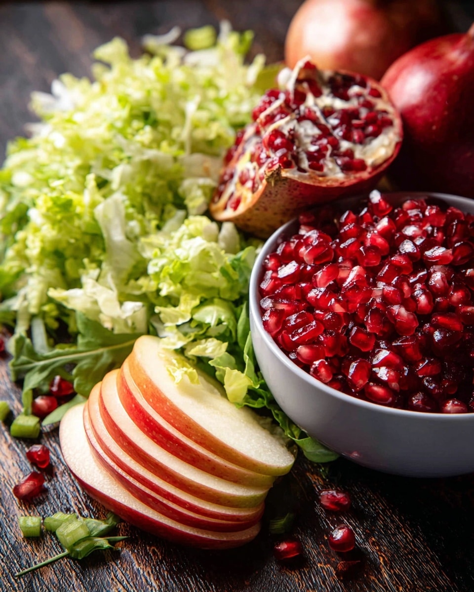A wooden bowl filled with a fresh salad sits on a white marbled surface, showing several layers and textures. The bottom layer is green leafy mixed salad greens with curly and smooth leaves. On top, slices of light green avocado and pale yellow apple pieces are spread evenly. There are small bright red pomegranate seeds scattered over everything, adding pops of color. Crumbled white cheese pieces dot the salad, along with crunchy, golden-brown walnuts and pumpkin seeds. The salad looks fresh and vibrant with different colors and textures blending together. Photo taken with an iphone --ar 4:5 --v 7
