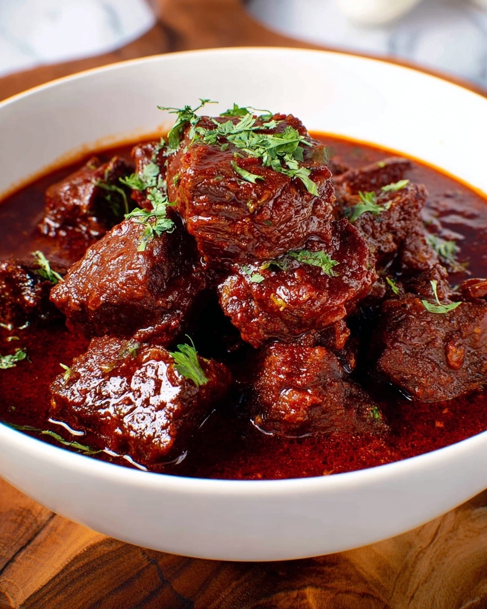 The image shows a white bowl filled with a rich, dark red stew made of thick chunks of meat coated in a glossy, deep red sauce. The meat pieces are stacked in the center, covered in a shiny sauce with textured patches of tender meat visible. Small green herb leaves are sprinkled over the top, adding a fresh contrast to the deep red sauce. The bowl sits on a wooden surface with a white marbled texture background. photo taken with an iphone --ar 4:5 --v 7