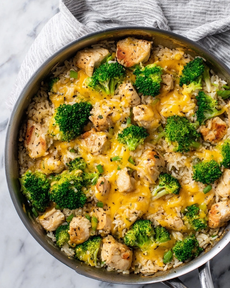 A close-up view of a large silver frying pan filled with a cooked dish made of several layers: the bottom layer consists of white rice mixed with tender, lightly browned chicken chunks and bright green broccoli florets. The top layer is melted golden-yellow cheese spread unevenly, with small bits of black pepper sprinkled across. The broccoli appears fresh and vibrant, while the chicken pieces are juicy with a light sear. The pan is placed on a white marbled texture background with a light gray striped cloth partially visible above. photo taken with an iphone --ar 4:5 --v 7