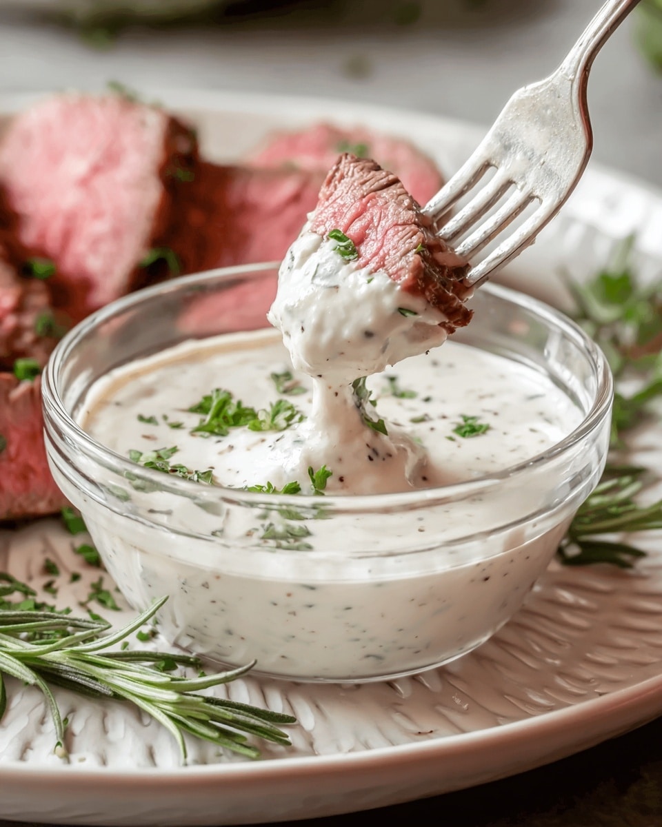 A clear round glass bowl filled with thick white sauce speckled with darker bits and small green parsley leaves on top. A piece of pink cooked meat is being dipped into the sauce by a silver fork from the top right. The bowl sits on a white plate with a textured pattern, and there are green rosemary sprigs around the plate. The background shows more pieces of pink meat and a white marbled surface. photo taken with an iphone --ar 4:5 --v 7