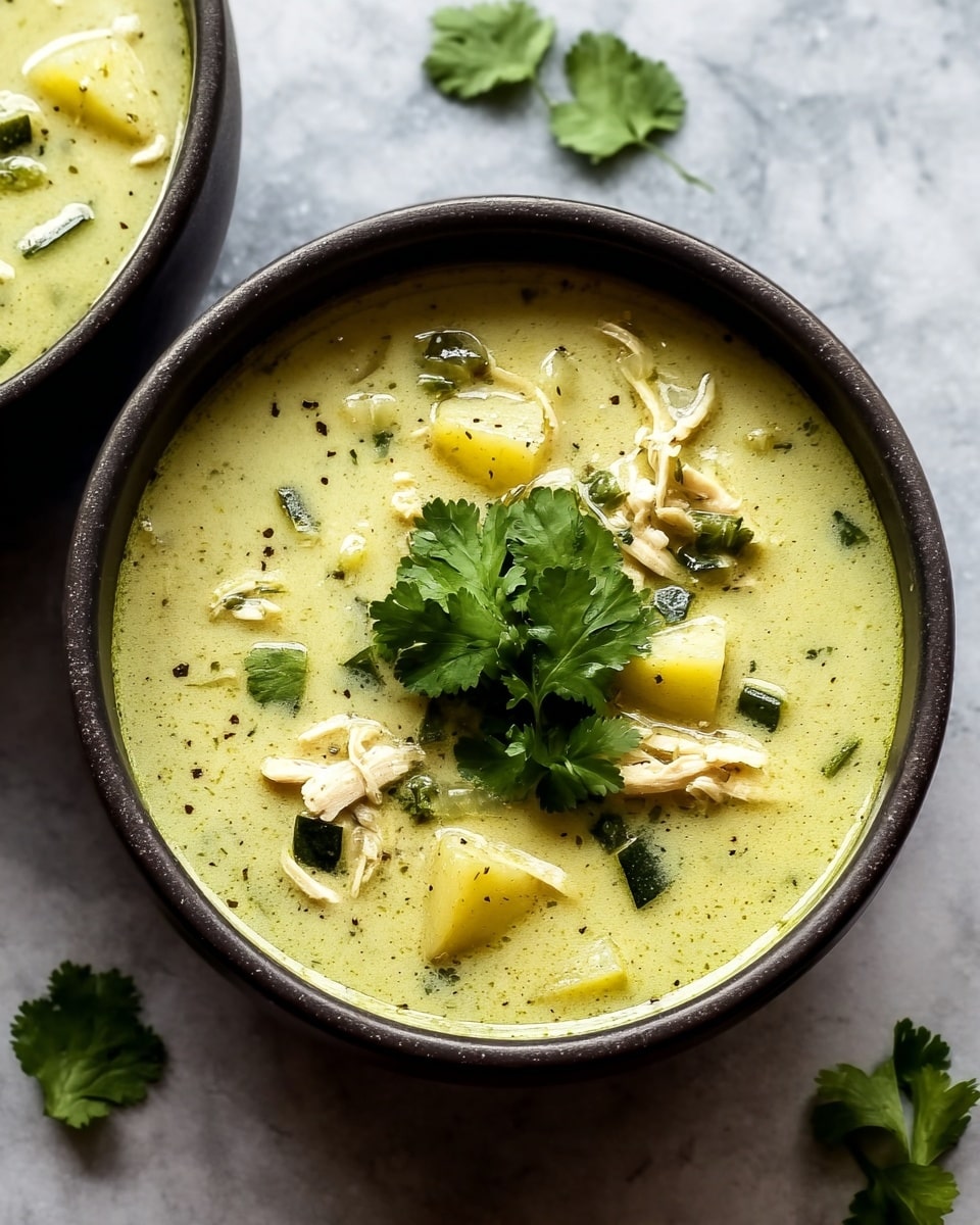 A dark bowl filled with creamy, light green soup that has a smooth texture and small black specks on top. Inside the soup are visible small chunks of yellow potatoes, green zucchini pieces, and shredded pale chicken, all evenly distributed. A fresh bunch of bright green cilantro leaves is placed in the center as garnish. The bowl is set on a white marbled surface with a few scattered cilantro leaves around. Photo taken with an iphone --ar 4:5 --v 7