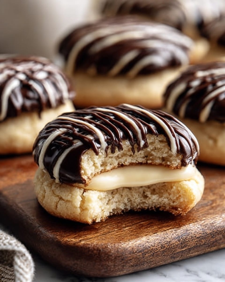 A close-up view of a wooden tray filled with soft, round cookies that have a light beige color and a smooth, slightly cracked texture on top. Each cookie is covered with evenly spaced, dark chocolate drizzle lines running horizontally across the top. In the blurred background, there is a white plate holding more of the same cookies. All of this is set on a white marbled texture surface. photo taken with an iphone --ar 4:5 --v 7