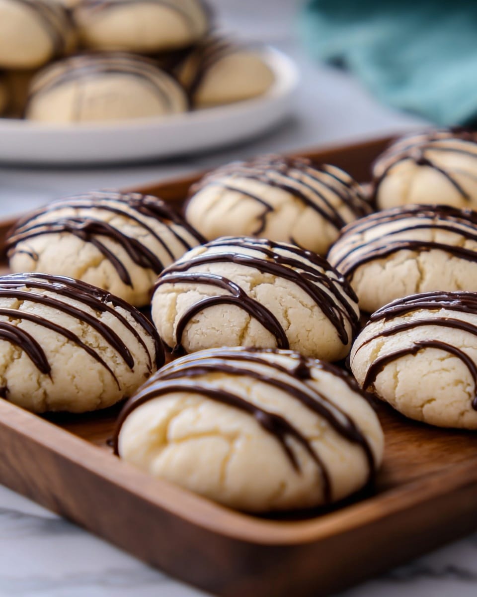 A round cookie with three visible layers sits on a wooden board with a white marbled background. The bottom layer is a light golden-brown cookie base with a soft crumbly texture. The middle layer is a smooth, cream-colored filling. The top layer is a thicker light brown cookie dough covered with thick dark chocolate drizzles that shine slightly under the light. Several similar cookies are in the background, out of focus. The scene looks cozy and delicious. Photo taken with an iphone --ar 4:5 --v 7