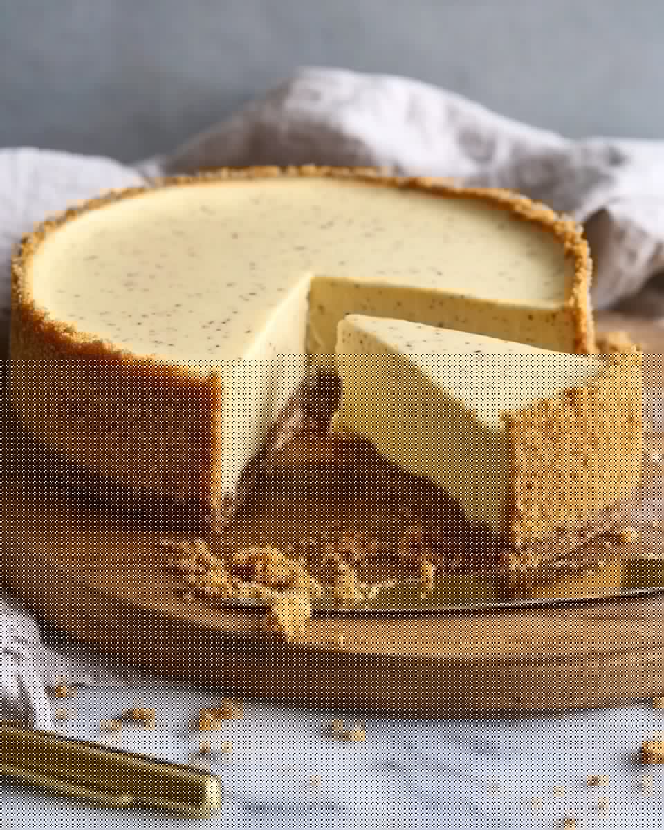 A thick pie with a crumbly brown crust forming the base and sides, holding a smooth pale yellow filling with tiny dark specks spread evenly across the surface. One slice is cut and slightly pulled out, showing the single thick creamy layer inside and the thick crust edge embracing it. The pie rests on a wooden board placed over a cloth with a checkered pattern in colors like black, blue, white, purple, and orange, all on a white marbled texture. photo taken with an iphone --ar 4:5 --v 7