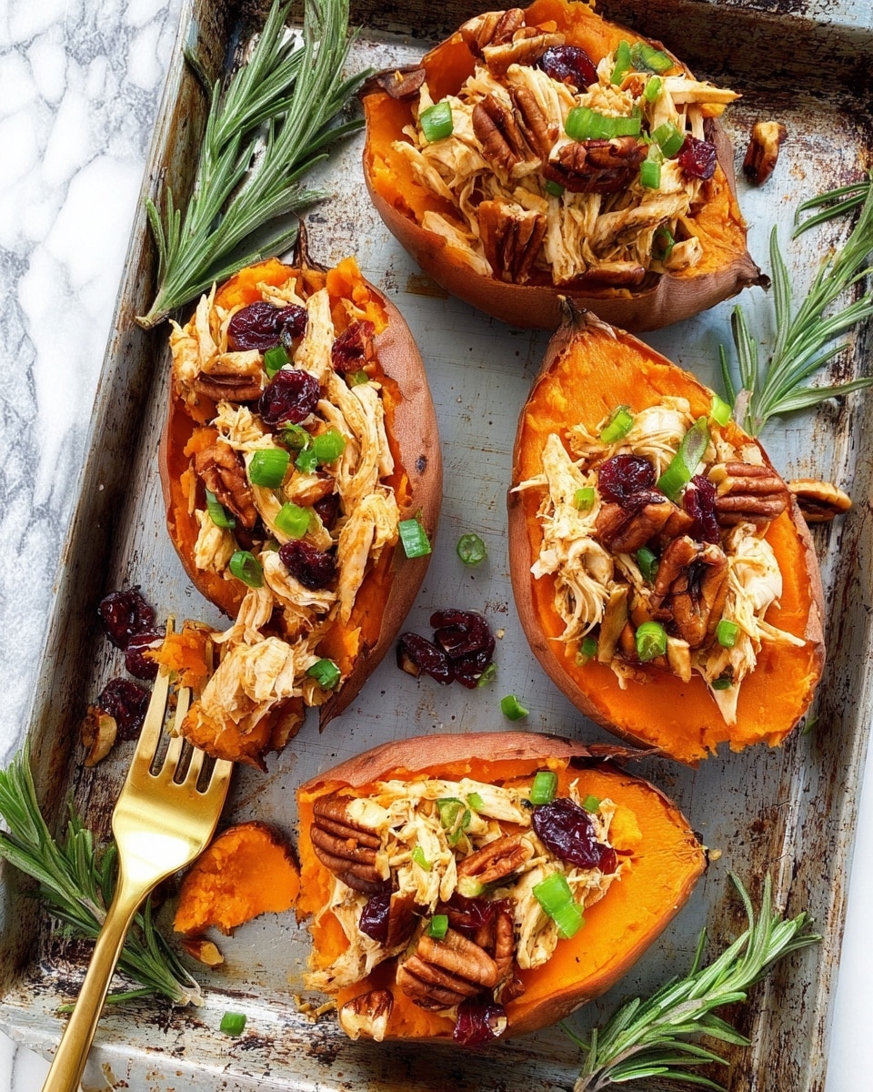 The image shows four baked sweet potato halves arranged on a worn metal baking tray. Each sweet potato half acts as a base layer with a smooth, bright orange interior surrounded by a soft, roasted reddish-brown skin. On top, there is a mix of shredded cooked chicken with a light brown cooked texture, scattered pecans with a shiny, woody texture, dark red dried cranberries, and chopped green onions adding fresh green pops of color. Small sprigs of fresh rosemary with needle-like leaves are placed both inside the sweet potatoes and on the tray for garnish. A gold fork is resting beside one of the sweet potato halves, touching its edge, and the whole scene is set against a white marbled textured surface. Photo taken with an iphone --ar 4:5 --v 7