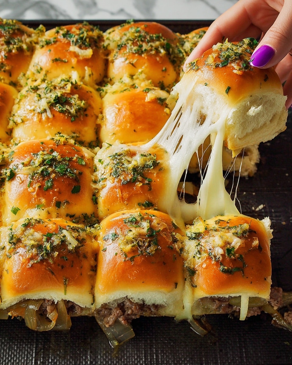 A close-up view of a small sandwich with three layers: the top layer is a shiny, golden-brown soft bun, the middle layer contains cooked strips of dark brown beef mixed with melted white cheese and thin cooked red and orange bell pepper slices, and the bottom layer is a soft white bun. On top of the sandwich rests a whole yellow-green pepper, held in place by a small wooden pick. The sandwich sits on white wrinkled parchment paper placed over a wooden board, with parts of the filling and an extra yellow-green pepper scattered around. The background shows more similar sandwiches, all on the same parchment and board over a white marbled surface. photo taken with an iphone --ar 4:5 --v 7