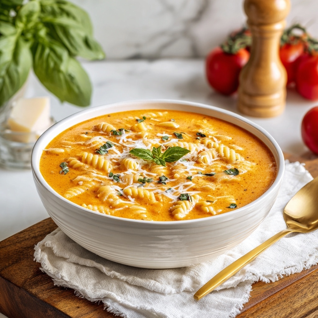 A white bowl filled with creamy tomato soup that has a smooth, pinkish-red base with a few chunks of tomatoes. On top, there are several pieces of short ridged pasta partly submerged, coated with the soup. Grated cheese and small green herb leaves are sprinkled evenly over the top, adding white and green contrasts. In the center, a small green basil sprig sits as garnish. The bowl is placed on a white cloth over a wooden surface, with a gold spoon resting on the cloth beside it. In the background, there is a white marbled texture with fresh tomatoes, a wooden pepper grinder, a glass container, and basil leaves. photo taken with an iphone --ar 4:5 --v 7