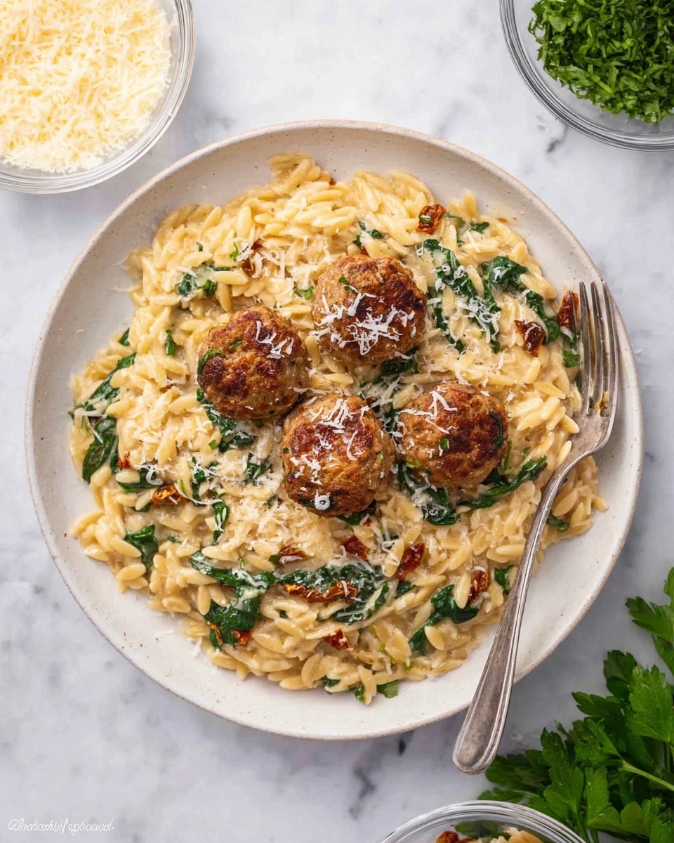 A large pan filled with a one-layered dish showing golden brown meatballs evenly spread on top of light yellow orzo pasta mixed with green spinach leaves and small bits of sun-dried tomatoes. The orzo is creamy with a slightly glossy texture, mixed evenly throughout. Lightly sprinkled on top are white grated cheese and finely chopped green herbs. The pan is set on a soft blue cloth over a white marbled surface, with two small glass bowls containing finely chopped green herbs and grated cheese nearby, along with a small bunch of green parsley. Photo taken with an iphone --ar 4:5 --v 7