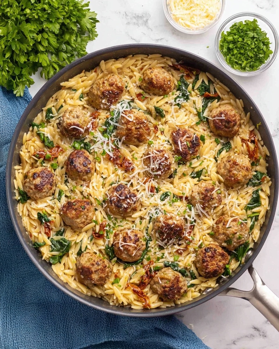 A white plate on a white marbled surface holds a bed of creamy orzo pasta mixed with wilted spinach and small pieces of sun-dried tomatoes, giving a soft yellow color with green and red highlights. On top, five browned meatballs are arranged in a circular pattern, sprinkled lightly with grated Parmesan cheese that adds a sprinkling of white flakes. A silver fork rests on the right side of the plate, slightly touching the orzo. Around the plate are small glass bowls, one filled with shredded cheese and another with chopped fresh parsley. Fresh parsley is also visible in the top right corner, adding a touch of bright green to the scene. Photo taken with an iphone --ar 4:5 --v 7