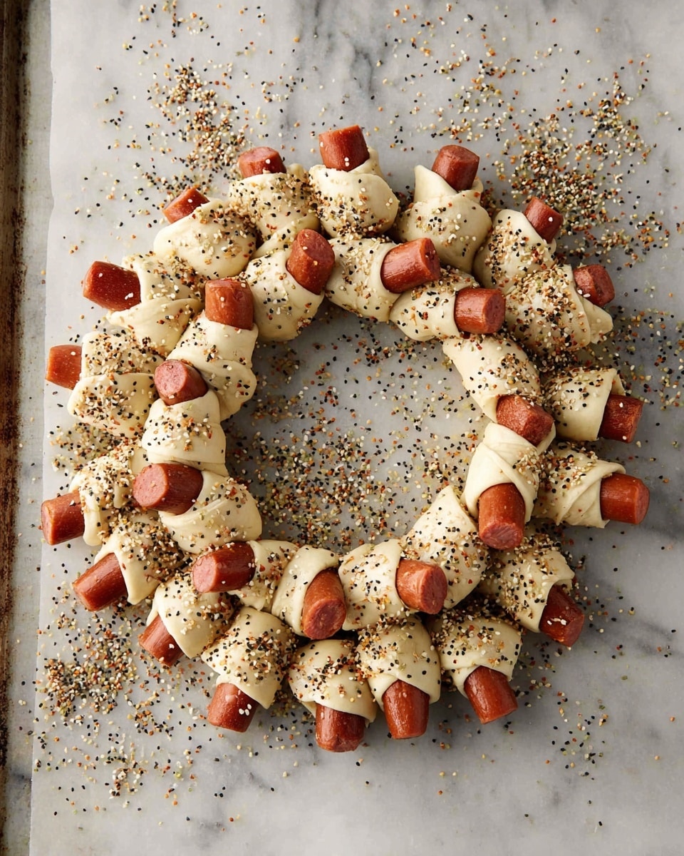 A round wreath made of golden-brown baked crescent rolls wrapped around small sausages, each piece sprinkled with black and white sesame seeds, and topped with small green herb leaves. The wreath is decorated with fresh rosemary sprigs placed around the edges, all set on a dark wooden board with a round handle. In the center of the wreath is a white bowl filled with smooth red ketchup topped with finely chopped green herbs. Surrounding the board are Christmas ornaments in blue, red, and white, some red crumpled tissue paper, green pine branches, and a beige textured cloth, all placed on a white marbled surface. photo taken with an iphone --ar 4:5 --v 7