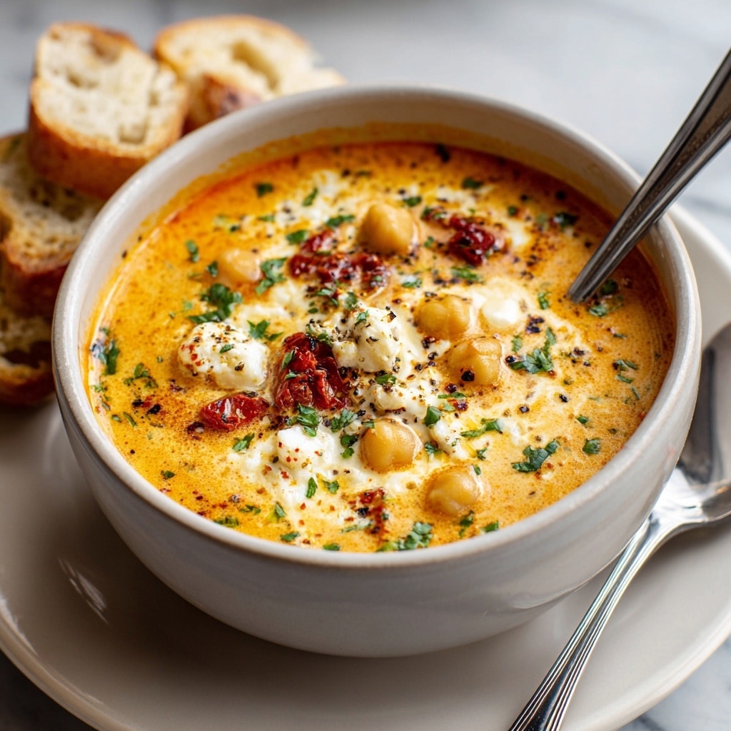 A stainless steel pot filled with thick, creamy orange soup studded with pale yellow chickpeas, small bits of red sun-dried tomatoes, and chopped green herbs scattered through the surface. Melted white cheese melts on top, with a sprinkle of black pepper adding texture, while a silver spoon rests partially in the soup on the right side. The pot sits on a white marbled textured surface with a white plate nearby holding slices of crusty bread. photo taken with an iphone --ar 4:5 --v 7