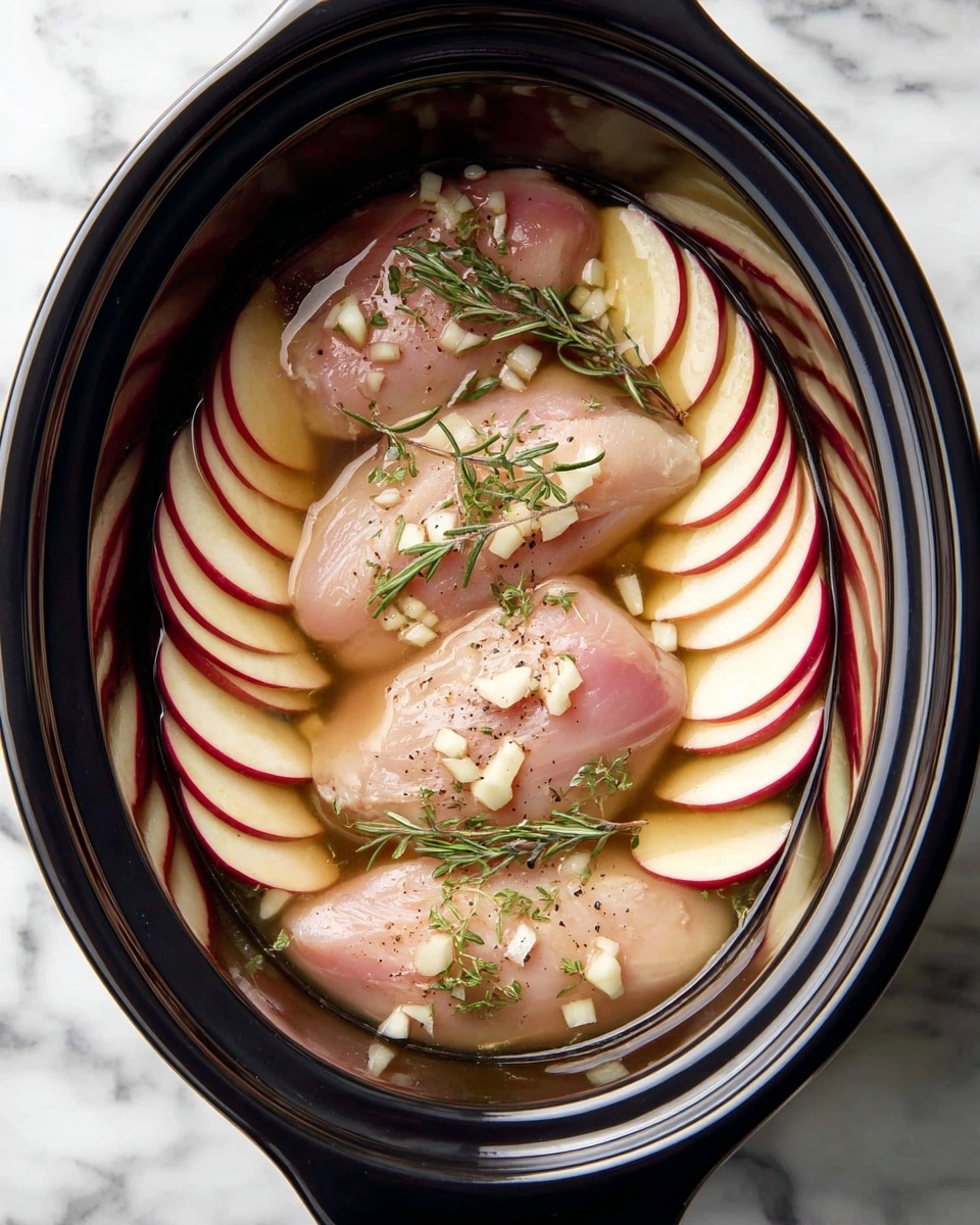 Inside a black slow cooker, three raw chicken breasts are placed in the center, each topped with small pieces of chopped garlic and sprigs of green rosemary and thyme. Surrounding the chicken are thin slices of red and white apple arranged in an overlapping pattern around the edges. The whole dish is covered with a light brown liquid, likely a broth or sauce. The cooker sits on a white marbled surface. photo taken with an iphone --ar 4:5 --v 7