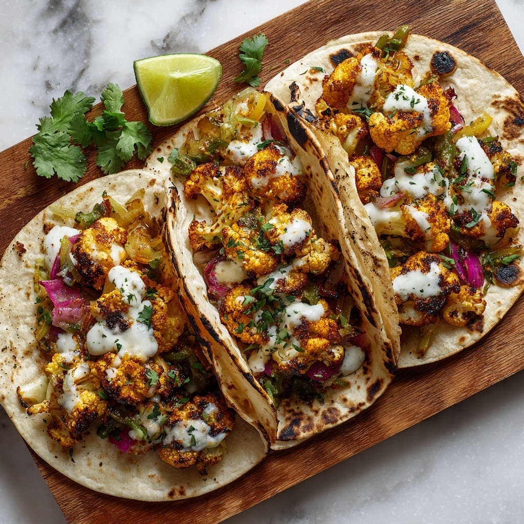 Three soft corn tortillas, lightly browned with char marks, lie open on a wooden board over a white marbled surface. Each tortilla holds a layer of roasted cauliflower pieces colored golden brown and orange with spices, sitting on a base of finely chopped red onions and green peppers. The roasted cauliflower is topped with a dripping white sauce flecked with green herbs. A halved lime rests on the board near the top left of the tacos, and scattered cilantro leaves add a fresh green touch around the scene. photo taken with an iphone --ar 4:5 --v 7