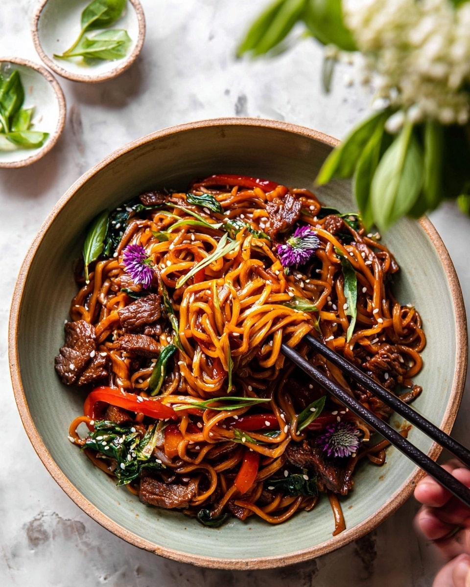 A bowl of stir-fried noodles with a glossy dark brown sauce as the base layer, mixed with tender slices of beef showing a slightly charred texture, thin strips of bright red bell peppers, and wilted dark green basil leaves scattered throughout. The noodles are long, slightly twisted, and shiny, giving a rich, saucy look. White sesame seeds are sprinkled on top, adding small dabs of white contrast. A purple basil flower and a few green basil leaves are placed on one side of the bowl. The bowl is white with a rustic speckled rim and sits on a white marbled surface. photo taken with an iphone --ar 4:5 --v 7