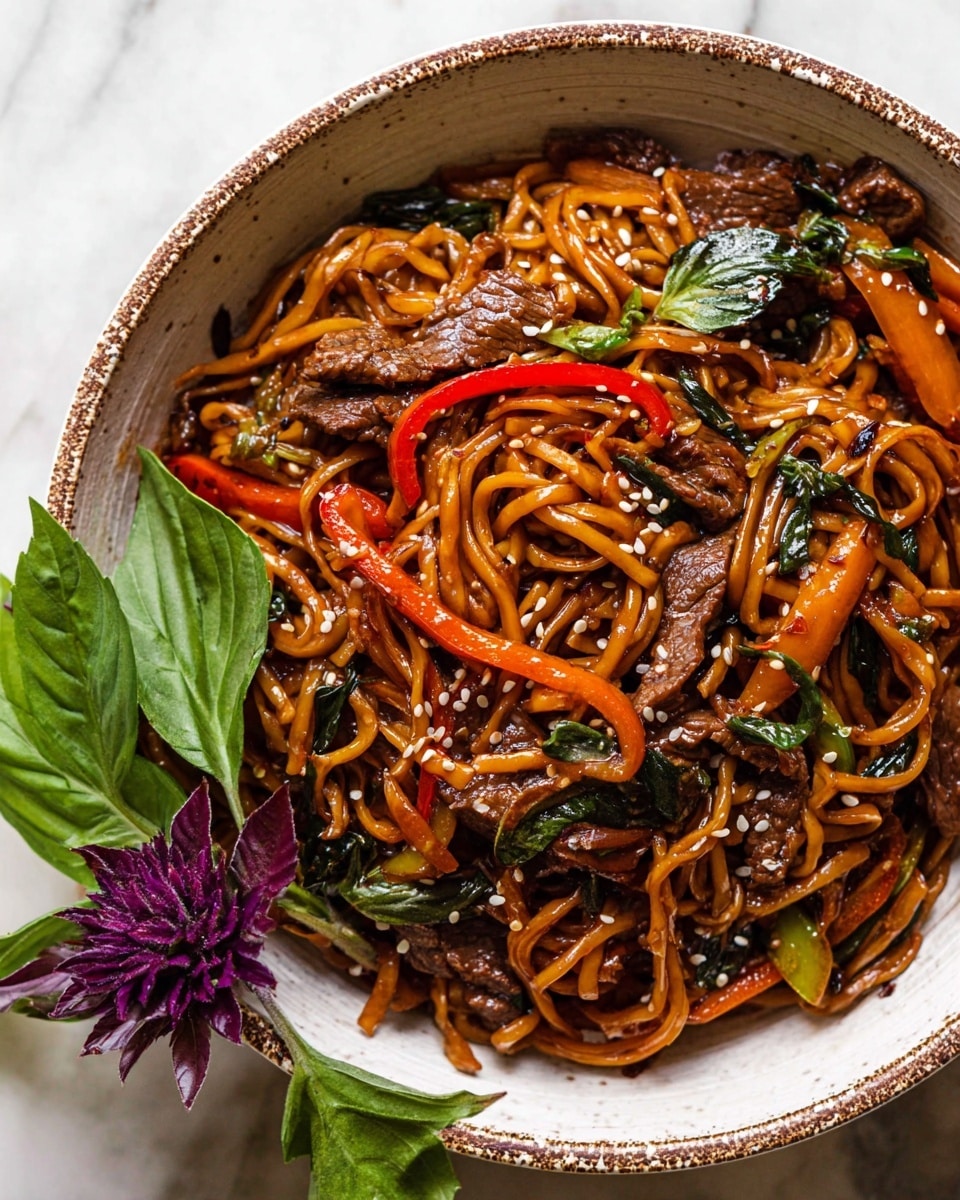 A bowl filled with stir-fried noodles mixed with pieces of brown cooked meat and thin slices of bright red bell pepper, scattered with white sesame seeds and garnished with fresh green leafy herbs and small purple flowers. Dark chopsticks are twirling a portion of the glossy, orange-brown noodles, showing strands thickly layered with bits of leafy greens and meat throughout. The bowl is a light earthy gray, resting on a white marbled surface with small white dishes holding green leaves and white flowers in the background. photo taken with an iphone --ar 4:5 --v 7