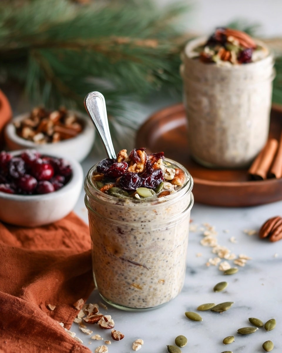 The image shows a creamy layered dish served in a clear glass jar, filled with a thick beige mixture speckled with chia seeds, topped with dried cranberries, pumpkin seeds, and chopped nuts. A silver spoon stands upright in the jar. Around the jar, there are scattered pumpkin seeds and cinnamon sticks on a white marbled surface. In the background, another jar with the same mixture sits on a small wooden plate. Nearby are two small white bowls, one filled with dried cranberries and the other with pecans. Green pine leaves and an orange cloth add a warm, cozy feel to the scene. Photo taken with an iphone --ar 4:5 --v 7