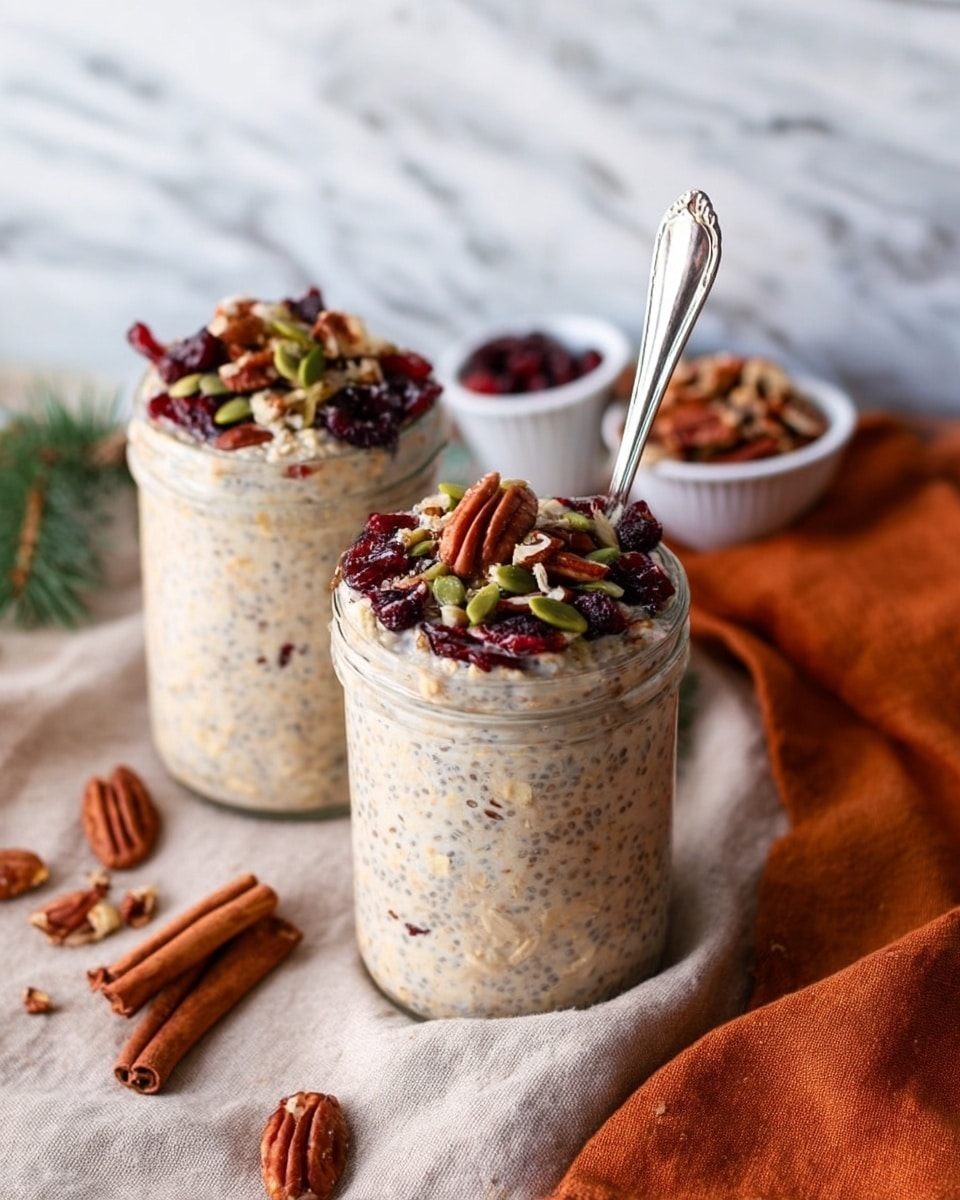 Two glass jars are filled with creamy beige overnight oats mixed with specks of chia seeds. Each jar is topped with a layer of dark red dried cranberries, light brown pecan pieces, and green pumpkin seeds, creating a textured and colorful topping. A silver spoon stands inside the jar closest to the front. The jars sit on a light beige cloth with cinnamon sticks and whole nutmeg scattered around, next to an orange cloth napkin. In the background, small white bowls hold extra pecans and cranberries, all set against a white marbled texture. Photo taken with an iphone --ar 4:5 --v 7