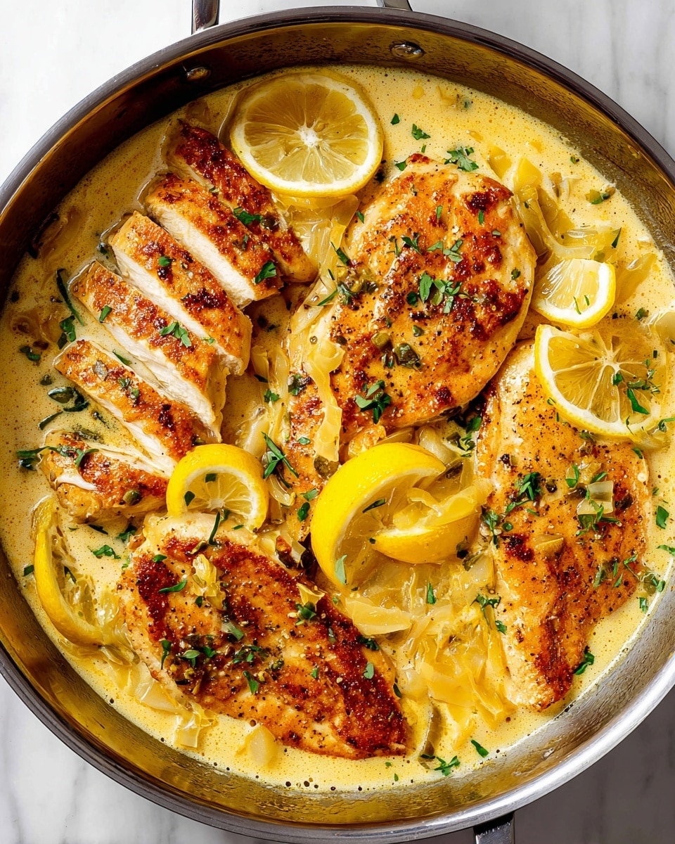 In a large round metal pan, there are four golden brown cooked chicken breasts, three whole and one sliced into thick strips on the left side, all covered with a creamy light yellow sauce that fills the pan's base. Several bright yellow lemon wedges and thin lemon slices sit on and around the chicken, adding color contrast. Small green herb pieces are sprinkled on top of the chicken and sauce, giving fresh detail. The pan rests on a white marbled surface. photo taken with an iphone --ar 4:5 --v 7